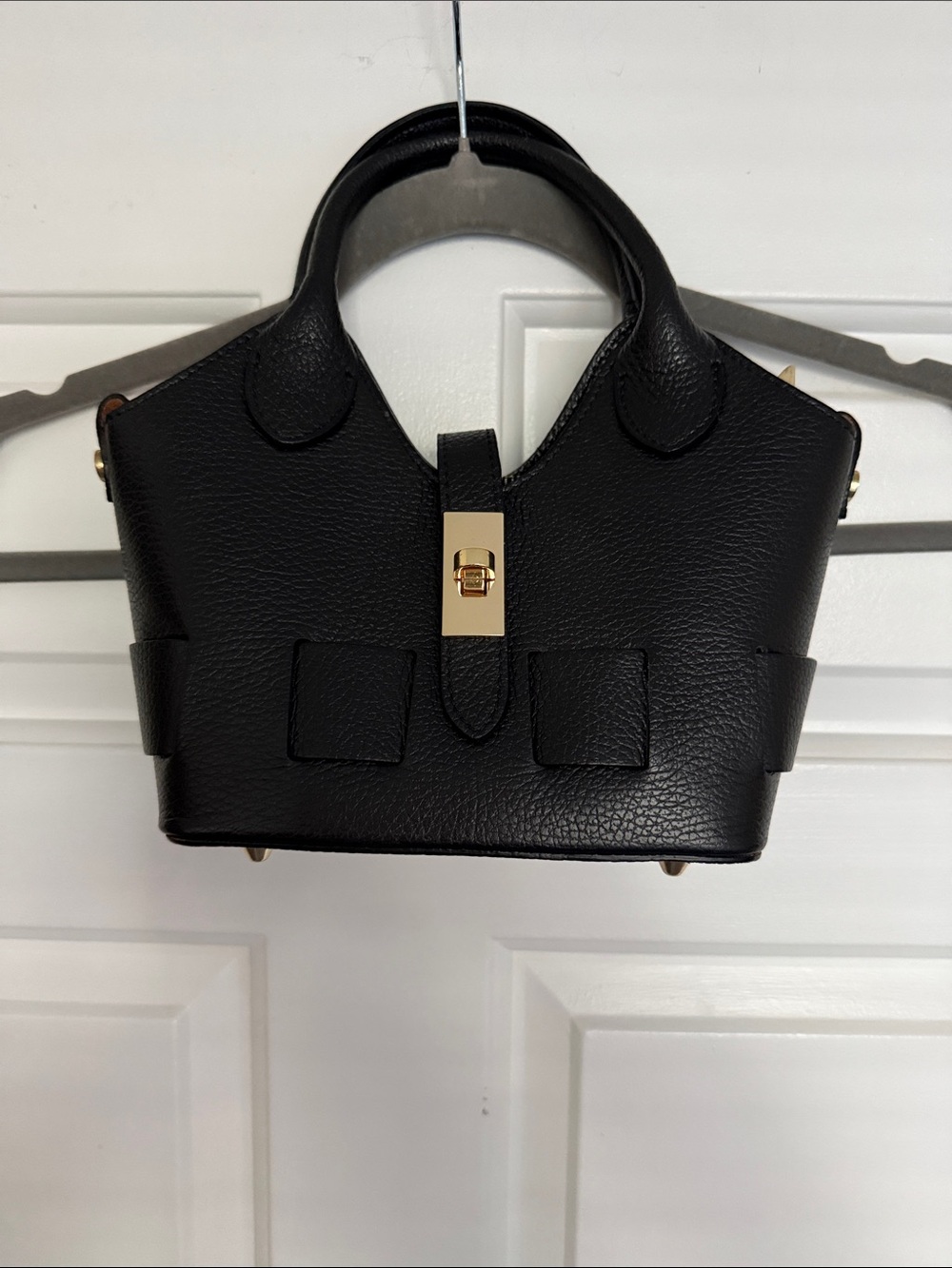 Classic Black Structured Women’s Handbag with Gold Hardware